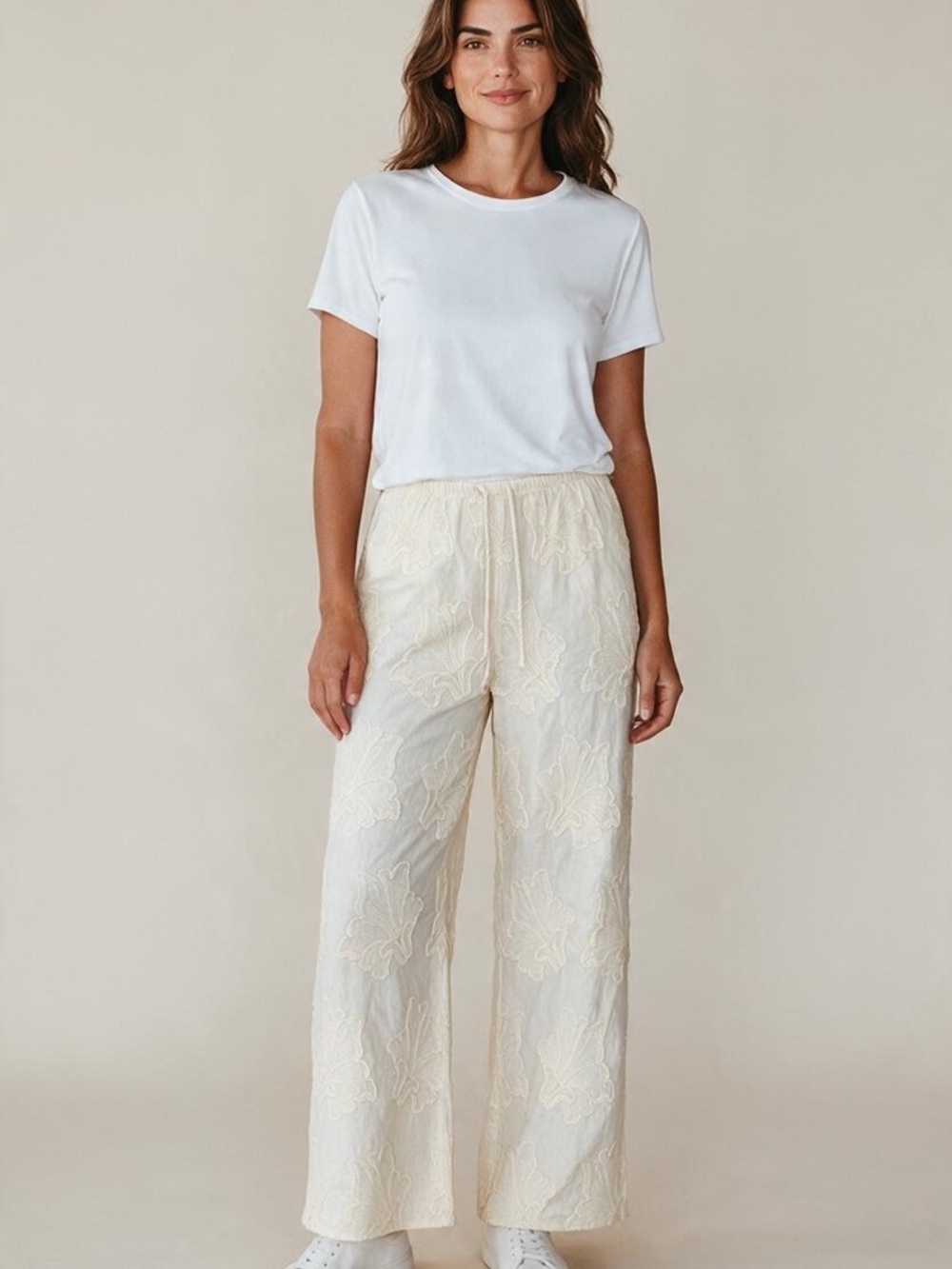 Zara Cream Wide-Leg Embroidered Pants